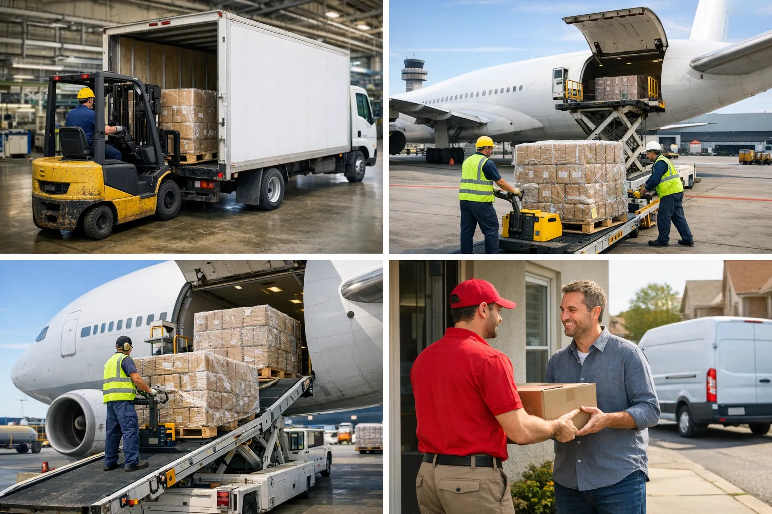 Bir hava kargo operasyonunun uçtan uca akışını gösteren sahne: fabrikadan paletlenen yükün kamyonetle havaalanına taşınması, kargo terminalinde elleçleme, uçağa yükleme ve varış ülkesinde teslimata çıkışı.