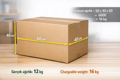 Bir karton kutunun üzerinde ölçü şeritleriyle uzunluk 60 cm, genişlik 40 cm, yükseklik 40 cm değerleri gösteriliyor. Yanında hesap: hacimsel ağırlık = 60 x 40 x 40 / 6000 = 16 kg. Altta karşılaştırma: gerçek ağırlık 12 kg, chargeable weight 16 kg.