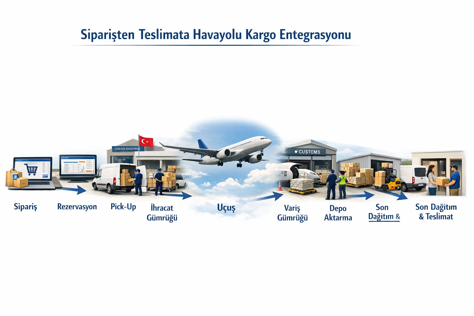 Siparişten teslimata havayolu kargo entegrasyon akışını gösteren basit bir şema, sipariş, rezervasyon, pick-up, ihracat gümrüğü, havalimanı elleçleme, uçuş, varış gümrüğü, depo aktarma, son dağıtım ve teslimat adımlarını içerir.