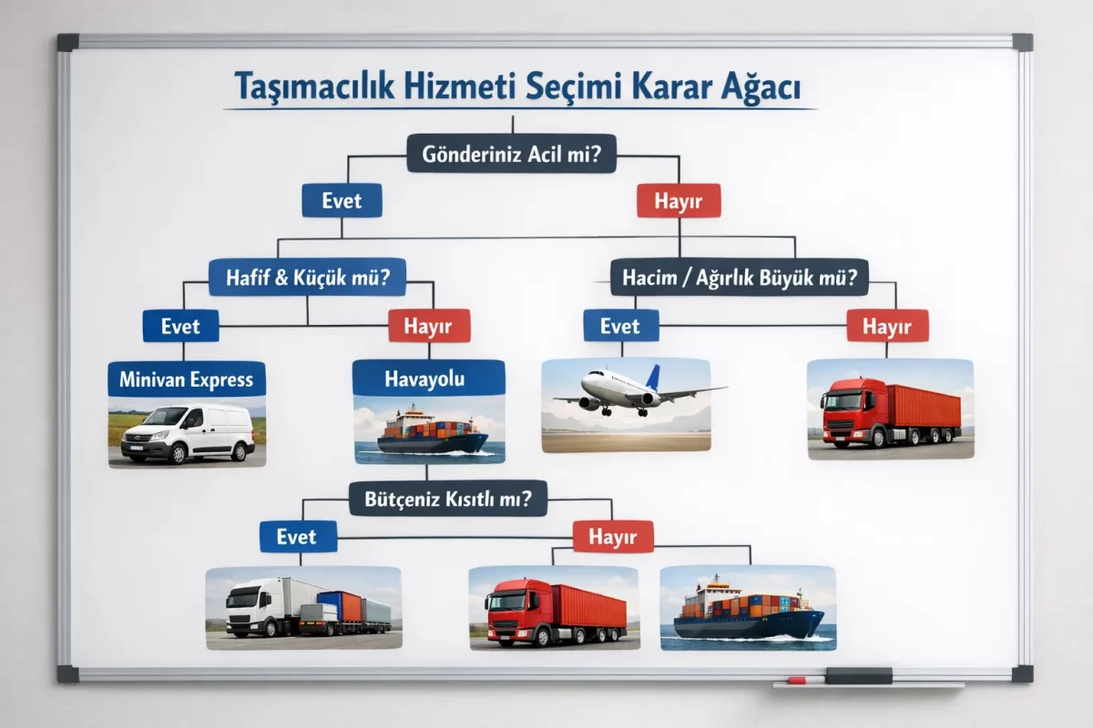 Taşımacılık hizmeti seçimi için basit bir karar ağacı: Aciliyet, hacim/ağırlık ve bütçe kriterlerine göre mod önerileri; karayolu, havayolu, denizyolu, intermodal ve minivan express seçenekleriyle sade görselleştirme.