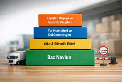Kademeli masraf bileşenlerini gösteren yalın bir görsel: tabanda baz navlun, üstünde yakıt ve güvenlik ekleri, onun üstünde yer hizmetleri ve dokümantasyon, en üstte kapıdan kapıya karayolu ve gümrük vergileri.
